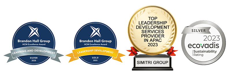 Simitri Group award badges: Brandon Hall Group HCM Excellence Award Silver for Learning and Development, Brandon Hall Group HCM Excellence Award Gold for Leadership Development, Top Leadership Development Services Provider in APAC 2023, and EcoVadis Silver Sustainability Rating 2023