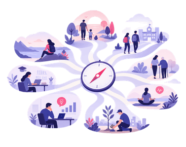 Illustration of a compass surrounded by scenes representing different seasons of life and career